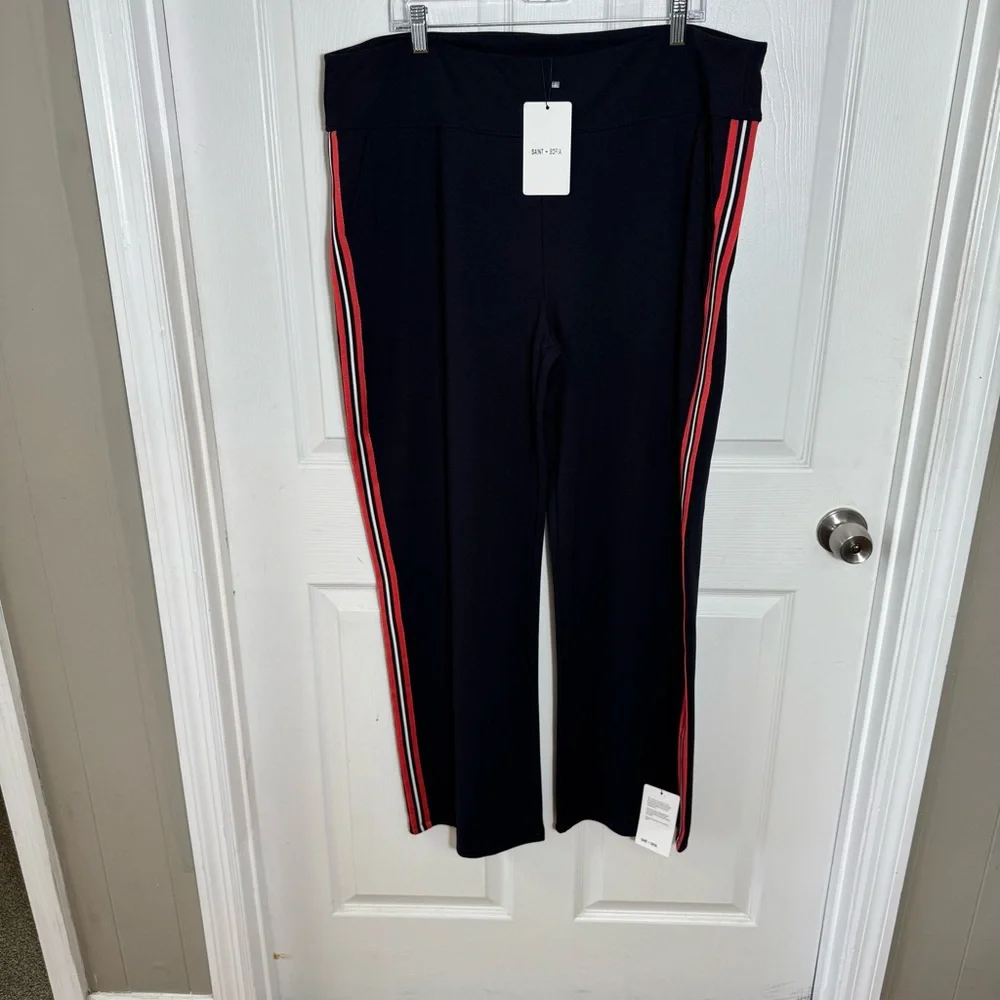 Saint + Sofia Victory Wide Leg Track Pants 18 NWT Navy Stripe NEW